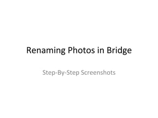 Renaming	
  Photos	
  in	
  Bridge	
  

     Step-­‐By-­‐Step	
  Screenshots	
  
                    	
  
 