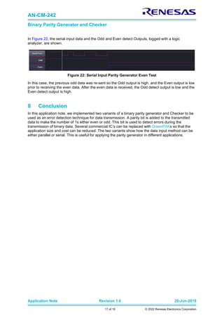 AN-CM-242
Binary Parity Generator and Checker
Application Note Revision 1.0 20-Jun-2018
17 of 18 © 2022 Renesas Electronics Corporation
In Figure 22, the serial input data and the Odd and Even detect Outputs, logged with a logic
analyzer, are shown.
Figure 22: Serial Input Parity Generator Even Test
In this case, the previous odd data was re-sent so the Odd output is high, and the Even output is low
prior to receiving the even data. After the even data is received, the Odd detect output is low and the
Even detect output is high.
8 Conclusion
In this application note, we implemented two variants of a binary parity generator and Checker to be
used as an error detection technique for data transmission. A parity bit is added to the transmitted
data to make the number of 1s either even or odd. This bit is used to detect errors during the
transmission of binary data. Several commercial IC’s can be replaced with GreenPAKs so that the
application size and cost can be reduced. The two variants show how the data input method can be
either parallel or serial. This is useful for applying the parity generator in different applications.
 