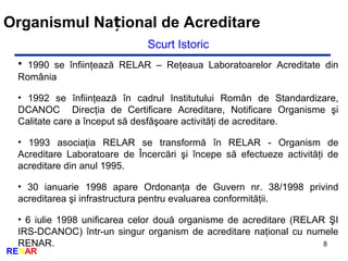 8
RENAR
Organismul Na ional de Acreditareț
Scurt Istoric
• 1990 se înfiinţează RELAR – Reţeaua Laboratoarelor Acreditate din
România
• 1992 se înfiinţează în cadrul Institutului Român de Standardizare,
DCANOC Direcţia de Certificare Acreditare, Notificare Organisme şi
Calitate care a început să desfăşoare activităţi de acreditare.
• 1993 asociaţia RELAR se transformă în RELAR - Organism de
Acreditare Laboratoare de Încercări şi începe să efectueze activităţi de
acreditare din anul 1995.
• 30 ianuarie 1998 apare Ordonanţa de Guvern nr. 38/1998 privind
acreditarea şi infrastructura pentru evaluarea conformităţii.
• 6 iulie 1998 unificarea celor două organisme de acreditare (RELAR ŞI
IRS-DCANOC) într-un singur organism de acreditare naţional cu numele
RENAR.
 