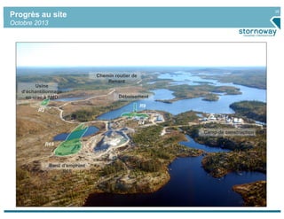 28
Progrès au site
Octobre 2013
Banc d’emprunt
R65
Déboisement
Usine
d’échantillonnage
en vrac à SMD
Camp de construction
Chemin routier de
Renard
R65
R2
R9
R4
 