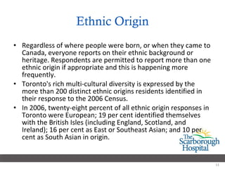 Ethnic Origin Regardless of where people were born, or when they came to Canada, everyone reports on their ethnic background or heritage. Respondents are permitted to report more than one ethnic origin if appropriate and this is happening more frequently.  Toronto's rich multi-cultural diversity is expressed by the more than 200 distinct ethnic origins residents identified in their response to the 2006 Census. In 2006, twenty-eight percent of all ethnic origin responses in Toronto were European; 19 per cent identified themselves with the British Isles (including England, Scotland, and Ireland); 16 per cent as East or Southeast Asian; and 10 per cent as South Asian in origin.  