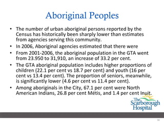 Aboriginal Peoples The number of urban aboriginal persons reported by the Census has historically been sharply lower than estimates from agencies serving this community.  In 2006, Aboriginal agencies estimated that there were  From 2001-2006, the aboriginal population in the GTA went from 23.950 to 31,910, an increase of 33.2 per cent. The GTA aboriginal population includes higher proportions of children (22.1 per cent vs 18.7 per cent) and youth (16 per cent vs 13.4 per cent). The proportion of seniors, meanwhile, is significantly lower (4.6 per cent vs 11.4 per cent). Among aboriginals in the City, 67.1 per cent were North American Indians, 26.8 per cent Métis, and 1.4 per cent Inuit.  