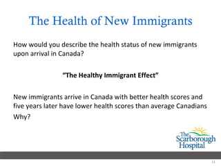 The Health of New Immigrants How would you describe the health status of new immigrants upon arrival in Canada? “ The Healthy Immigrant Effect” New immigrants arrive in Canada with better health scores and five years later have lower health scores than average Canadians  Why?  