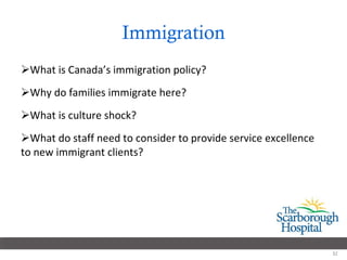 Immigration What is Canada’s immigration policy? Why do families immigrate here?  What is culture shock?  What do staff need to consider to provide service excellence to new immigrant clients? 