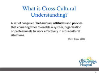 What is Cross-Cultural Understanding? A set of congruent  behaviours, attitudes  and  policies  that come together to enable a system, organization or professionals to work effectively in cross-cultural situations.  (Terry Cross, 1988) 