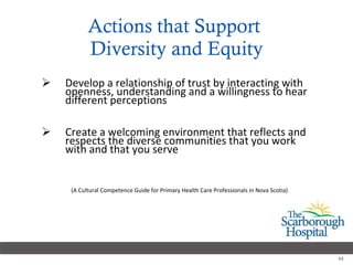 Actions that Support  Diversity and Equity Develop a relationship of trust by interacting with openness, understanding and a willingness to hear different perceptions Create a welcoming environment that reflects and respects the diverse communities that you work with and that you serve (A Cultural Competence Guide for Primary Health Care Professionals in Nova Scotia) 