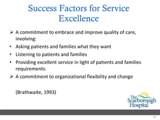 Success Factors for Service Excellence A commitment to embrace and improve quality of care, involving: Asking patients and families what they want Listening to patients and families Providing excellent service in light of patients and families requirements. A commitment to organizational flexibility and change (Brathwaite, 1993) 