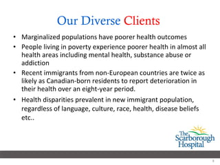 Our Diverse  Clients   Marginalized populations have poorer health outcomes  People living in poverty experience poorer health in almost all health areas including mental health, substance abuse or addiction Recent immigrants from non-European countries are twice as likely as Canadian-born residents to report deterioration in their health over an eight-year period. Health disparities prevalent in new immigrant population, regardless of language, culture, race, health, disease beliefs etc..  