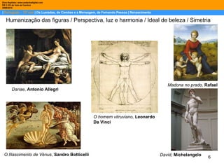 |  Português – 12º ano  | Os Lusíadas, de Camões e a Mensagem, de Fernando Pessoa | Renascimento Dina Baptista | www.sebentadigital.com EB 2,3/S de Vale de Cambra 2009\2010 Humanização das figuras / Perspectiva, luz e harmonia / Ideal de beleza / Simetria Danae ,  Antonio Allegri   Madona no prado,  Rafael O Nascimento de Vénus ,  Sandro Botticelli   O homem vitruviano,  Leonardo Da Vinci David,  Michelangelo 