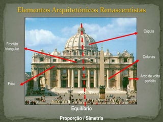 Elementos Arquitetónicos Renascentistas

                                                Cúpula


 Frontão
triangular
                                               Colunas



                                              Arco de volta
                                                 perfeita
 Friso




                          Equilíbrio
                     Proporção / Simetria
 