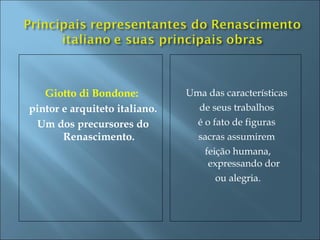Giotto di Bondone:
pintor e arquiteto italiano.
Um dos precursores do
Renascimento.
Uma das características
de seus trabalhos
é o fato de figuras
sacras assumirem
feição humana,
expressando dor
ou alegria.
 