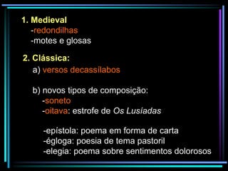 1. Medieval
-redondilhas
-motes e glosas
2. Clássica:
a) versos decassílabos
b) novos tipos de composição:
-soneto
-oitava: estrofe de Os Lusíadas

-epístola: poema em forma de carta
-égloga: poesia de tema pastoril
-elegia: poema sobre sentimentos dolorosos

 