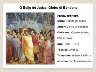 O Beijo de Judas, Giotto di Bondone.
FICHA TÉCNICA
Obra: O Beijo de Judas
Autor: Giotto di Bondone
Onde ver: Capena Arena,
Pádua, Itália
Ano: 1304 - 1313
Técnica: Afresco
Tamanho: 183cm x 198cm
Movimento: Renascimento
 