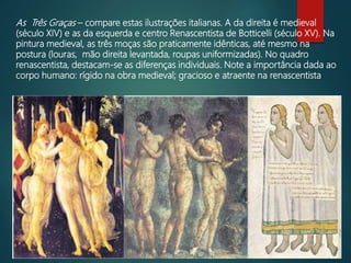 As Três Graças – compare estas ilustrações italianas. A da direita é medieval
(século XIV) e as da esquerda e centro Renascentista de Botticelli (século XV). Na
pintura medieval, as três moças são praticamente idênticas, até mesmo na
postura (louras, mão direita levantada, roupas uniformizadas). No quadro
renascentista, destacam-se as diferenças individuais. Note a importância dada ao
corpo humano: rígido na obra medieval; gracioso e atraente na renascentista
 