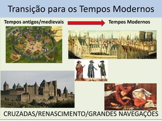 Transição para os Tempos Modernos
Tempos antigos/medievais Tempos Modernos
CRUZADAS/RENASCIMENTO/GRANDES NAVEGAÇÕES
 