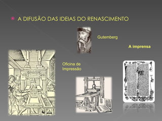 A DIFUSÃO DAS IDEIAS DO RENASCIMENTO Oficina de Impressão Gutemberg A imprensa 