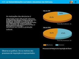As motivações das denúncias à
Inquisição eram não só de natureza
religiosa, ideológica e intelectual,
mas também de ordem política,
económica e familiar.
16/16
A Inquisição deixou fortes marcas em
Portugal. Instalou o medo da punição
pelo controlo de comportamentos e
constituiu um travão à produção
cultural.
Processos de feitiçaria da Inquisição de Évora
AS TRANSFORMAÇÕES CULTURAIS E RELIGIOSAS EM PORTUGAL
Observa os gráficos. Diz os motivos dos
processos da Inquisição aí representados.
 