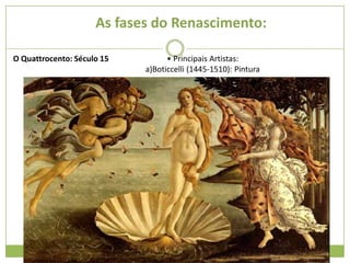 As fases do Renascimento:
O Quattrocento: Século 15 • Principais Artistas:
a)Boticcelli (1445-1510): Pintura
 