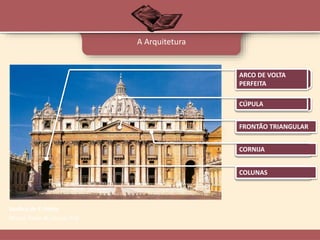 A Arquitetura
Basílica de S. Pedro
(Roma, finais do século XVI)
ARCO DE VOLTA
PERFEITA
FRONTÃO TRIANGULAR
COLUNAS
CORNIJA
CÚPULA
 