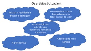 Recriar a realidade e
buscar a perfeição
Os artistas buscavam:
O universalismo, com o
desenvolvimento de
todas as áreas do saber
A composição em
pirâmide, para
transmitir a harmonia e
o equilíbrio
A perspectiva
A técnica de luz e
sombra
 