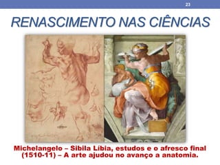 RENASCIMENTO NAS CIÊNCIAS
Michelangelo – Sibila Líbia, estudos e o afresco final
(1510-11) – A arte ajudou no avanço a anatomia.
23
 