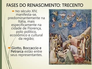 FASES DO RENASCIMENTO: TRECENTO
 No século XIV,
manifesta-se,
predominantemente na
Itália, mais
especificamente na
cidade de Florença,
polo político,
econômico e cultural
da região;
Giotto, Boccaccio e
Petrarca estão entre
seus representantes.
 