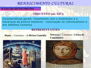 RENASCIMENTO CULTURAL
•FASES DO RENSCIMENTO

                         –TRECENTO (séc XIV):
Características gerais: rompimento com o imobilismo e a
hierarquia da pintura medieval - valorização do individualismo e
dos detalhes humanos

                         REPRESENTANTES
  Dante – Literatura – A Divina Comédia   Petrarca – Literatura - Lírica do
                                          Cancioneiro
 