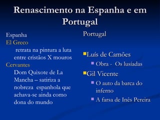 Renascimento na Espanha e em
             Portugal
Espanha                         Portugal
El Greco
    retrata na pintura a luta
                                Luís de Camões
   entre cristãos X mouros
Cervantes                            Obra - Os lusíadas
   Dom Quixote de La            Gil Vicente
   Mancha – satiriza a             O auto da barca do
   nobreza espanhola que
                                    inferno
   achava-se ainda como
                                   A farsa de Inês Pereira
   dona do mundo
 