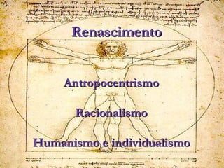Renascimento


     Antropocentrismo

       Racionalismo

Humanismo e individualismo
 
