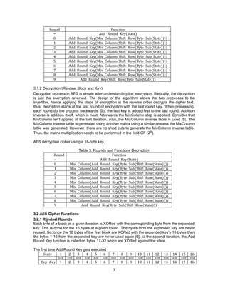 3
Round Function
− Add Round Key(State)
0 Add Round Key(Mix Column(Shift Row(Byte Sub(State))))
1 Add Round Key(Mix Column(Shift Row(Byte Sub(State))))
2 Add Round Key(Mix Column(Shift Row(Byte Sub(State))))
3 Add Round Key(Mix Column(Shift Row(Byte Sub(State))))
4 Add Round Key(Mix Column(Shift Row(Byte Sub(State))))
5 Add Round Key(Mix Column(Shift Row(Byte Sub(State))))
6 Add Round Key(Mix Column(Shift Row(Byte Sub(State))))
7 Add Round Key(Mix Column(Shift Row(Byte Sub(State))))
8 Add Round Key(Mix Column(Shift Row(Byte Sub(State))))
9 Add Round Key(Shift Row(Byte Sub(State)))
3.1.2 Decryption (Rijndeal Block and Key)
Decryption process in AES is simple after understanding the encryption. Basically, the decryption
is just the encryption reversed. The design of the algorithm allows the two processes to be
invertible, hence applying the steps of encryption in the reverse order decrypts the cipher text.
thus, decryption starts at the last round of encryption with the last round key. When processing,
each round do the process backwards. So, the last key is added first to the last round. Addition
inverse is addition itself, which is neat. Afterwards the MixColumn step is applied. Consider that
MixColumn isn’t applied at the last iteration. Also, the MixColumn inverse table is used [5]. The
MixColumn inverse table is generated using another matrix using a similar process the MixColumn
table was generated. However, there are no short cuts to generate the MixColumn inverse table.
Thus, the matrix multiplication needs to be performed in the field GF (28
).
AES decryption cipher using a 16-byte key.
Table 3: Rounds and Functions Decryption
Round Function
− Add Round Key(State)
0 Mix Column(Add Round Key(Byte Sub(Shift Row(State))))
1 Mix Column(Add Round Key(Byte Sub(Shift Row(State))))
2 Mix Column(Add Round Key(Byte Sub(Shift Row(State))))
3 Mix Column(Add Round Key(Byte Sub(Shift Row(State))))
4 Mix Column(Add Round Key(Byte Sub(Shift Row(State))))
5 Mix Column(Add Round Key(Byte Sub(Shift Row(State))))
6 Mix Column(Add Round Key(Byte Sub(Shift Row(State))))
7 Mix Column(Add Round Key(Byte Sub(Shift Row(State))))
8 Mix Column(Add Round Key(Byte Sub(Shift Row(State))))
9 Add Round Key(Byte Sub(Shift Row(State)))
3.2 AES Cipher Functions
3.2.1 Rijndael Rounds
Each byte of a block at a given iteration is XORed with the corresponding byte from the expanded
key. This is done for the 16 bytes at a given round. The bytes from the expanded key are never
reused. So, once the 16 bytes of the first block are XORed with the expanded key’s 16 bytes then
the bytes 1-16 from the expanded key are never used again [6]. At the second iteration, the Add
Round Key function is called on bytes 17-32 which are XORed against the state.
The first time Add Round Key gets executed
𝑆𝑡𝑎𝑡𝑒 1 2 3 4 5 6 7 8 9 10 11 12 13 14 15 16
𝑋𝑂𝑅 𝑋𝑂𝑅 𝑋𝑂𝑅 𝑋𝑂𝑅 𝑋𝑂𝑅 𝑋𝑂𝑅 𝑋𝑂𝑅 𝑋𝑂𝑅 𝑋𝑂𝑅 𝑋𝑂𝑅 𝑋𝑂𝑅 𝑋𝑂𝑅 𝑋𝑂𝑅 𝑋𝑂𝑅 𝑋𝑂𝑅 𝑋𝑂𝑅
𝐸𝑥𝑝 𝐾𝑒𝑦 1 2 3 4 5 6 7 8 9 10 11 12 13 14 15 16
 