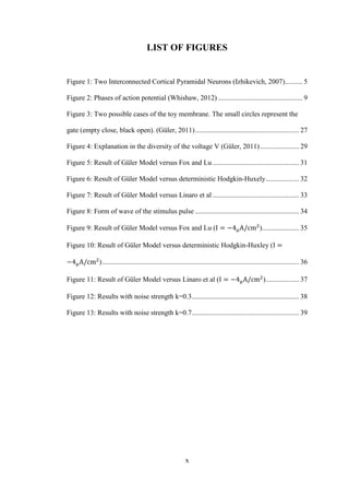 x
LIST OF FIGURES
Figure 1: Two Interconnected Cortical Pyramidal Neurons (Izhikevich, 2007).......... 5
Figure 2: Phases of action potential (Whishaw, 2012) ................................................ 9
Figure 3: Two possible cases of the toy membrane. The small circles represent the
gate (empty close, black open). (Güler, 2011)........................................................... 27
Figure 4: Explanation in the diversity of the voltage V (Güler, 2011)...................... 29
Figure 5: Result of Güler Model versus Fox and Lu ................................................. 31
Figure 6: Result of Güler Model versus deterministic Hodgkin-Huxely................... 32
Figure 7: Result of Güler Model versus Linaro et al ................................................. 33
Figure 8: Form of wave of the stimulus pulse ........................................................... 34
Figure 9: Result of Güler Model versus Fox and Lu ( )..................... 35
Figure 10: Result of Güler Model versus deterministic Hodgkin-Huxley (
)................................................................................................................ 36
Figure 11: Result of Güler Model versus Linaro et al ( )................... 37
Figure 12: Results with noise strength k=0.3............................................................. 38
Figure 13: Results with noise strength k=0.7............................................................. 39
 