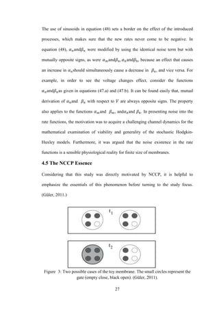 27
The use of sinusoids in equation (48) sets a border on the effect of the introduced
processes, which makes sure that the new rates never come to be negative. In
equation (48), were modified by using the identical noise term but with
mutually opposite signs, as were because an effect that causes
an increase in should simultaneously cause a decrease in , and vice versa. For
example, in order to see the voltage changes effect, consider the functions
as given in equations (47.a) and (47.b). It can be found easily that, mutual
derivation of and with respect to are always opposite signs. The property
also applies to the functions and , and and . In presenting noise into the
rate functions, the motivation was to acquire a challenging channel dynamics for the
mathematical examination of viability and generality of the stochastic Hodgkin-
Huxley models. Furthermore, it was argued that the noise existence in the rate
functions is a sensible physiological reality for finite size of membranes.
4.5 The NCCP Essence
Considering that this study was directly motivated by NCCP, it is helpful to
emphasize the essentials of this phenomenon before turning to the study focus.
(Güler, 2011.)
Figureii3: Two possible cases of the toy membrane. The small circles represent the
gate (empty close, black open). (Güler, 2011).
 