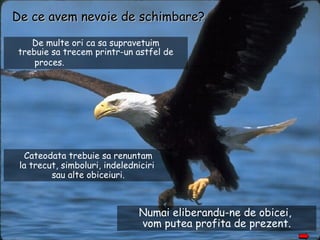 De multe ori ca sa supravetuim trebuie sa trecem printr-un astfel de proces.   De ce avem nevoie de schimbare ? Cateodata trebuie sa renuntam la trecut, simboluri, indeledniciri  sau alte obiceiuri. Numai eliberandu-ne de obicei,  vom putea profita de prezent. 
