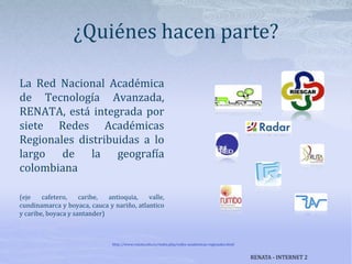 La Red Nacional Académica
de Tecnología Avanzada,
RENATA, está integrada por
siete Redes Académicas
Regionales distribuidas a lo
largo de la geografía
colombiana
(eje cafetero, caribe, antioquia, valle,
cundinamarca y boyaca, cauca y nariño, atlantico
y caribe, boyaca y santander)
¿Quiénes hacen parte?
http://www.renata.edu.co/index.php/redes-academicas-regionales.html
RENATA - INTERNET 2
 