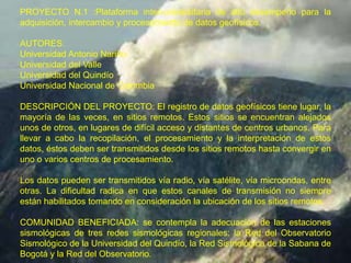 PROYECTO N.1 :Plataforma inter-universitaria de alto desempeño para la
adquisición, intercambio y procesamiento de datos geofísicos.
AUTORES:
Universidad Antonio Nariño
Universidad del Valle
Universidad del Quindío
Universidad Nacional de Colombia
DESCRIPCIÓN DEL PROYECTO: El registro de datos geofísicos tiene lugar, la
mayoría de las veces, en sitios remotos. Estos sitios se encuentran alejados
unos de otros, en lugares de difícil acceso y distantes de centros urbanos. Para
llevar a cabo la recopilación, el procesamiento y la interpretación de estos
datos, éstos deben ser transmitidos desde los sitios remotos hasta convergir en
uno o varios centros de procesamiento.
Los datos pueden ser transmitidos vía radio, vía satélite, vía microondas, entre
otras. La dificultad radica en que estos canales de transmisión no siempre
están habilitados tomando en consideración la ubicación de los sitios remotos.
COMUNIDAD BENEFICIADA: se contempla la adecuación de las estaciones
sismológicas de tres redes sismológicas regionales: la Red del Observatorio
Sismológico de la Universidad del Quindío, la Red Sismológica de la Sabana de
Bogotá y la Red del Observatorio.
 