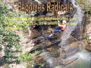 Esportes Radicais Exemplos: *Bang Jump *Rapel *Montanhismo *Arvorismo *Tirolesa Os Esportes Radicais são esportes que requerem muita ação e aventura ao seu praticante. 