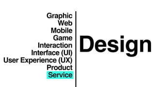 Graphic
Web
Mobile
Game
Interaction
Interface (UI)
User Experience (UX)
Product
Service
Design
 
