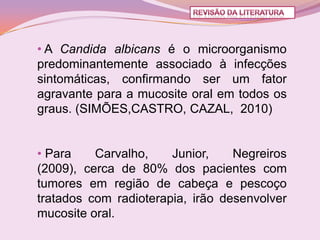 • A Candida albicans é o microorganismo
predominantemente associado à infecções
sintomáticas, confirmando ser um fator
agravante para a mucosite oral em todos os
graus. (SIMÕES,CASTRO, CAZAL, 2010)


• Para    Carvalho,    Junior,    Negreiros
(2009), cerca de 80% dos pacientes com
tumores em região de cabeça e pescoço
tratados com radioterapia, irão desenvolver
mucosite oral.
 