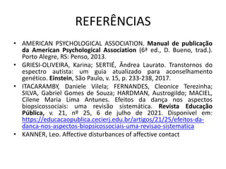 REFERÊNCIAS
• AMERICAN PSYCHOLOGICAL ASSOCIATION. Manual de publicação
da American Psychological Association (6ª ed., D. Bueno, trad.).
Porto Alegre, RS: Penso, 2013.
• GRIESI-OLIVEIRA, Karina; SERTIÉ, Ândrea Laurato. Transtornos do
espectro autista: um guia atualizado para aconselhamento
genético. Einstein, São Paulo, v. 15, p. 233-238, 2017.
• ITACARAMBY, Daniele Vilela; FERNANDES, Cleonice Terezinha;
SILVA, Gabriel Gomes de Souza; HARDMAN, Austrogildo; MACIEL,
Cilene Maria Lima Antunes. Efeitos da dança nos aspectos
biopsicossociais: uma revisão sistemática. Revista Educação
Pública, v. 21, nº 25, 6 de julho de 2021. Disponível em:
https://educacaopublica.cecierj.edu.br/artigos/21/25/efeitos-da-
danca-nos-aspectos-biopsicossociais-uma-revisao-sistematica
• KANNER, Leo. Affective disturbances of affective contact
 