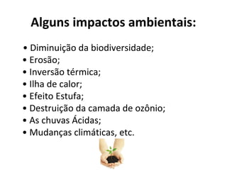 Alguns impactos ambientais:
• Diminuição da biodiversidade;
• Erosão;
• Inversão térmica;
• Ilha de calor;
• Efeito Estufa;
• Destruição da camada de ozônio;
• As chuvas Ácidas;
• Mudanças climáticas, etc.
 