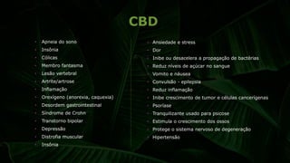 • Apneia do sono
• Insônia
• Cólicas
• Membro fantasma
• Lesão vertebral
• Artrite/artrose
• Inflamação
• Orexígeno (anorexia, caquexia)
• Desordem gastrointestinal
• Síndrome de Crohn
• Transtorno bipolar
• Depressão
• Distrofia muscular
• Insônia
• Ansiedade e stress
• Dor
• Inibe ou desacelera a propagação de bactérias
• Reduz níveis de açúcar no sangue
• Vomito e náusea
• Convulsão - epilepsia
• Reduz inflamação
• Inibe crescimento de tumor e células cancerígenas
• Psoríase
• Tranquilizante usado para psicose
• Estimula o crescimento dos ossos
• Protege o sistema nervoso de degeneração
• Hipertensão
CBD
 