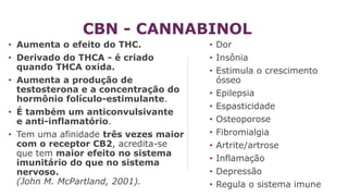 • Aumenta o efeito do THC.
• Derivado do THCA - é criado
quando THCA oxida.
• Aumenta a produção de
testosterona e a concentração do
hormônio folículo-estimulante.
• É também um anticonvulsivante
e anti-inflamatório.
• Tem uma afinidade três vezes maior
com o receptor CB2, acredita-se
que tem maior efeito no sistema
imunitário do que no sistema
nervoso.
(John M. McPartland, 2001).
• Dor
• Insônia
• Estimula o crescimento
ósseo
• Epilepsia
• Espasticidade
• Osteoporose
• Fibromialgia
• Artrite/artrose
• Inflamação
• Depressão
• Regula o sistema imune
CBN - CANNABINOL
 