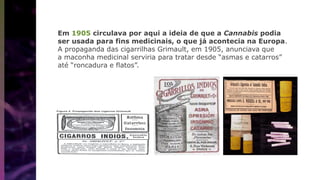 Em 1905 circulava por aqui a ideia de que a Cannabis podia
ser usada para fins medicinais, o que já acontecia na Europa.
A propaganda das cigarrilhas Grimault, em 1905, anunciava que
a maconha medicinal serviria para tratar desde “asmas e catarros”
até “roncadura e flatos”.
 