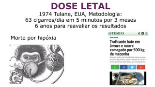 DOSE LETAL
1974 Tulane, EUA, Metodologia:
63 cigarros/dia em 5 minutos por 3 meses
6 anos para reavaliar os resultados
Morte por hipóxia
 