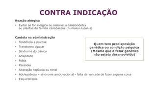 CONTRA INDICAÇÃO
Reação alérgica
• Evitar se for alérgico ou sensível a canabinóides
ou plantas da família canabaceae (humulus-lupulus)
Cautela na administração
• Tendência a psicose
• Transtorno bipolar
• Síndrome do pânico
• Ansiedade
• Fobia
• Paranoia
• Alteração hepática ou renal
• Adolescência – síndrome amotivacional - falta de vontade de fazer alguma coisa
• Esquizofrenia
Quem tem predisposição
genética ou condição psíquica
(Mesmo que o fator genético
não esteja desenvolvido)
 