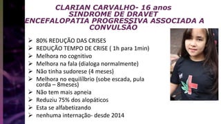CLARIAN CARVALHO- 16 anos
SINDROME DE DRAVET
ENCEFALOPATIA PROGRESSIVA ASSOCIADA A
CONVULSÃO
 80% REDUÇÃO DAS CRISES
 REDUÇÃO TEMPO DE CRISE ( 1h para 1min)
 Melhora no cognitivo
 Melhora na fala (dialoga normalmente)
 Não tinha sudorese (4 meses)
 Melhora no equilílbrio (sobe escada, pula
corda – 8meses)
 Não tem mais apneia
 Reduziu 75% dos alopáticos
 Esta se alfabetizando
 nenhuma internação- desde 2014
 