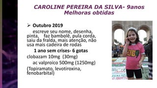 CAROLINE PEREIRA DA SILVA- 9anos
Melhoras obtidas
 Outubro 2019
escreve seu nome, desenha,
pinta, faz bambolê, pula corda,
saiu da fralda, mais atenção, não
usa mais cadeira de rodas
1 ano sem crises- 6 gotas
clobazam 10mg (30mg)
ac valproico 500mg (1250mg)
(Topiramato, levotiroxina,
fenobarbital)
 