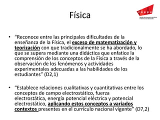 Física“Reconoce entre las principales dificultades de la enseñanza de la Física, el exceso de matematización y teorización con que tradicionalmente se ha abordado, lo que se supera mediante una didáctica que enfatice la comprensión de los conceptos de la Física a través de la observación de los fenómenos y actividades experimentales adecuadas a las habilidades de los estudiantes” (D2,1) “Establece relaciones cualitativas y cuantitativas entre los conceptos de campo electrostático, fuerza electrostática, energía potencial eléctrica y potencial electrostático, aplicando estos conceptos a variados contextos presentes en el currículo nacional vigente” (D7,2) 