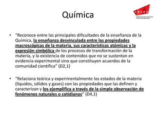 Química“Reconoce entre las principales dificultades de la enseñanza de la Química, la enseñanza desvinculada entre las propiedades macroscópicas de la materia, sus características atómicas y la expresión simbólica de los procesos de transformación de la materia, y la existencia de contenidos que no se sustentan en evidencia experimental sino que constituyen acuerdos de la comunidad científica” (D2,1) “Relaciona teórica y experimentalmente los estados de la materia (líquidos, sólidos y gases) con las propiedades que las definen y caracterizan y los ejemplifica a través de la simple observación de fenómenos naturales o cotidianos” (D4,1) 