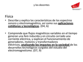 y los docentesFísicaDescribe y explica las características de los espectros sonoro y electromagnético, así como sus aplicaciones cotidianas y tecnológicas. (D4, 6)Comprende que flujos magnéticos variables en el tiempo generan una fem inducida y en circuito cerrado una corriente eléctrica, y explican el funcionamiento de generadores, motores y transformadores eléctricos, analizando los impactos en la sociedad de los desarrollos tecnológicos surgidos del estudio del electromagnetismo. (D7, 9)
